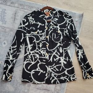 Tory Burch Black And White Geometric 100% Silk Button-up Blouse Sz2